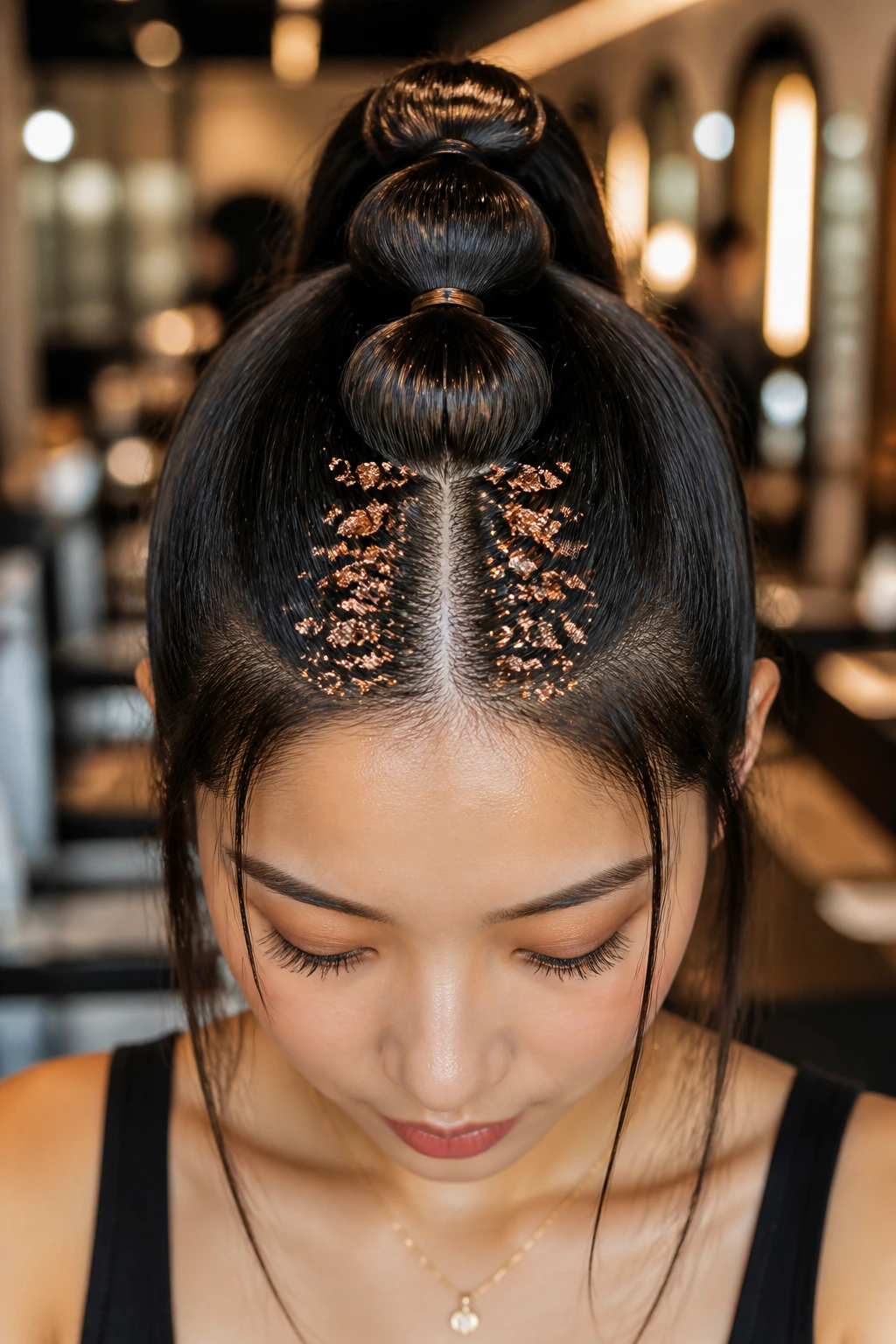 Close-up of a real person with a bubble ponytail and copper foil flakes along the parting