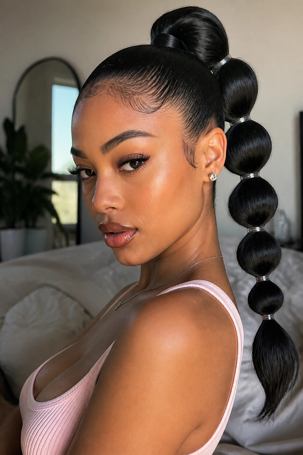 Close-up of a woman with a high bubble ponytail created by elastic segments