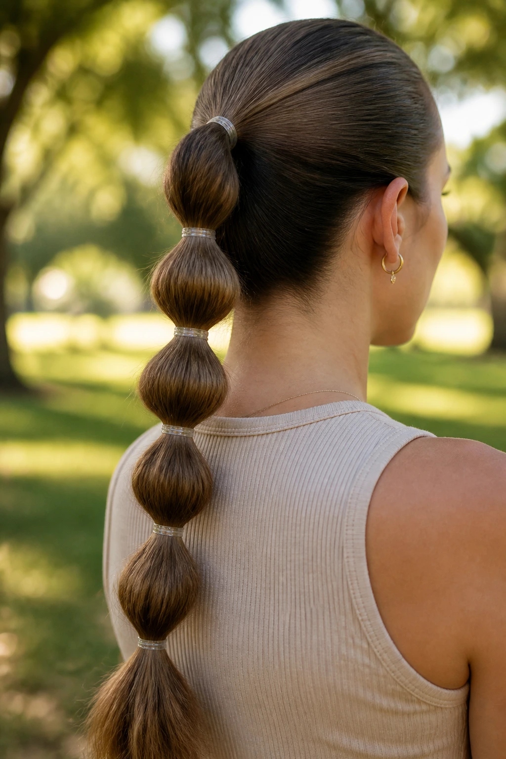 Back-of-head portrait showing bubble ponytail with multiple sections created by elastic bands.