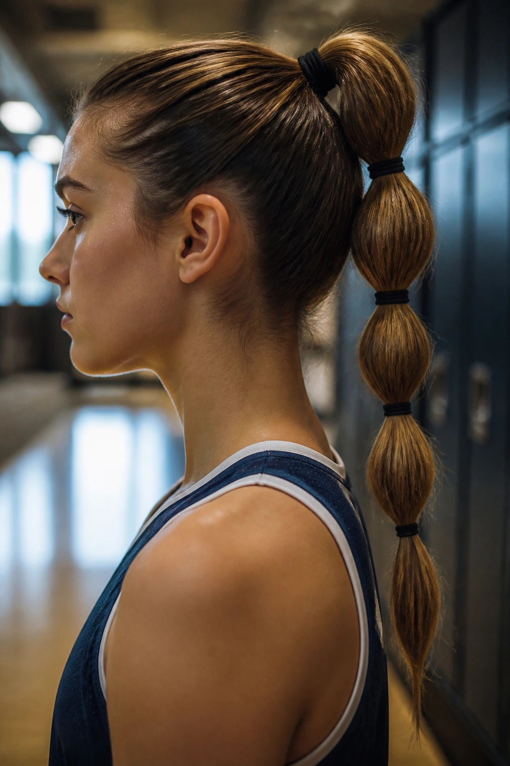Real athlete with a bubble ponytail created by multiple elastics
