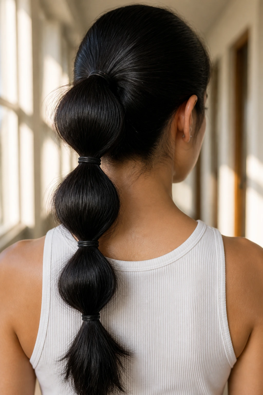 Back-of-head view of bubble ponytail with multiple elastics on black hair