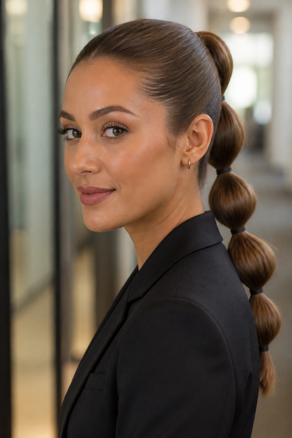 Close-up of a real person with a bubble ponytail featuring elastics in a bright office hallway