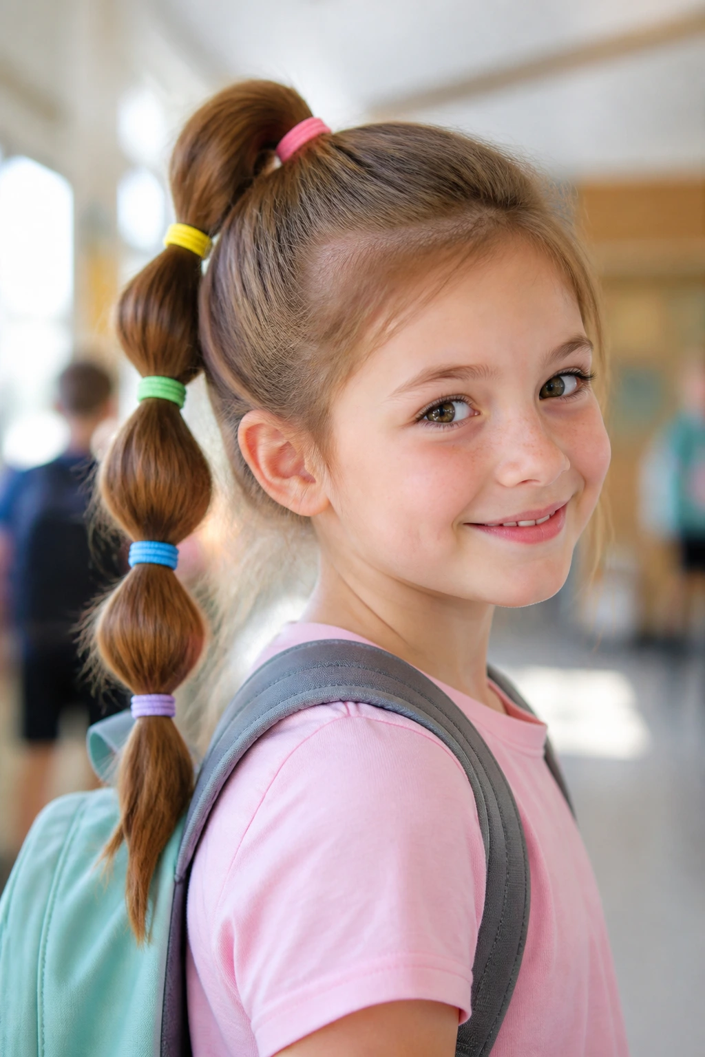 Close-up of a real child with a bubble ponytail and colorful elastics in a school setting