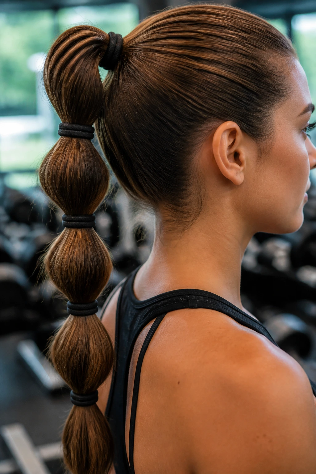 Close-up of a real woman with a bubble ponytail and thick elastics during a workout