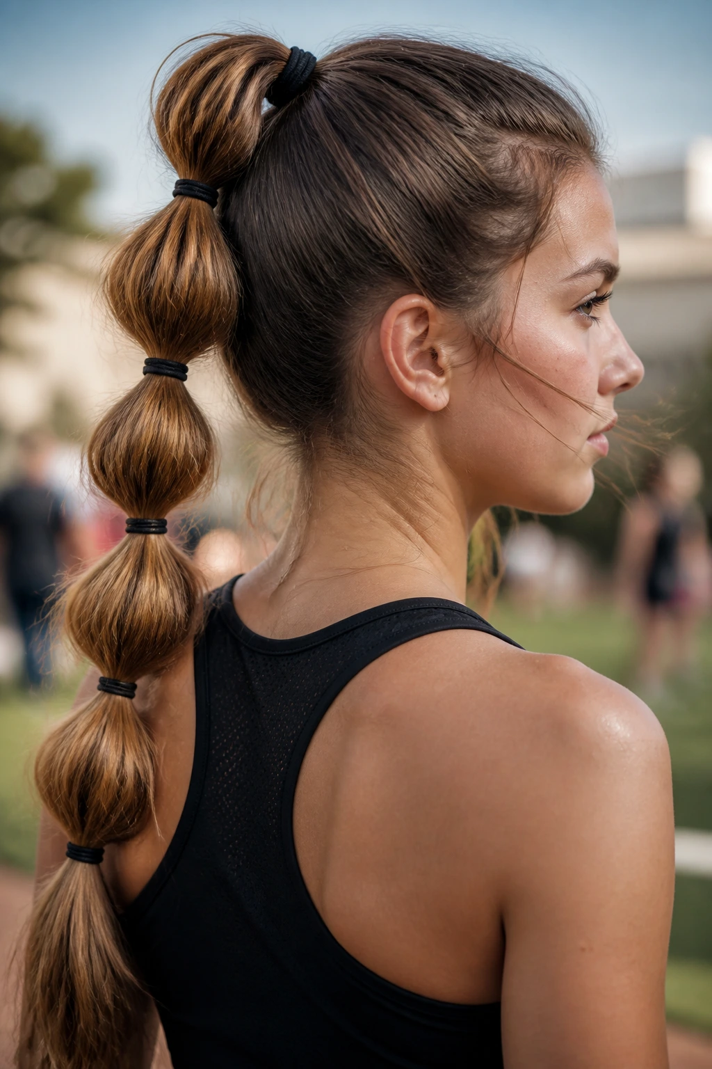 Close-up of a real student with a bubble ponytail on an outdoor field