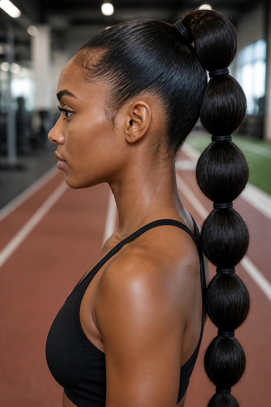 Close-up of a real woman with a bubble ponytail during a workout