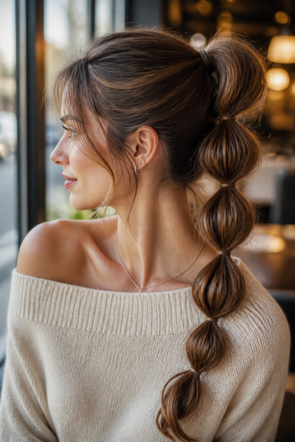 Close-up of a woman with a bubble ponytail highlighted by warm cafe window light.