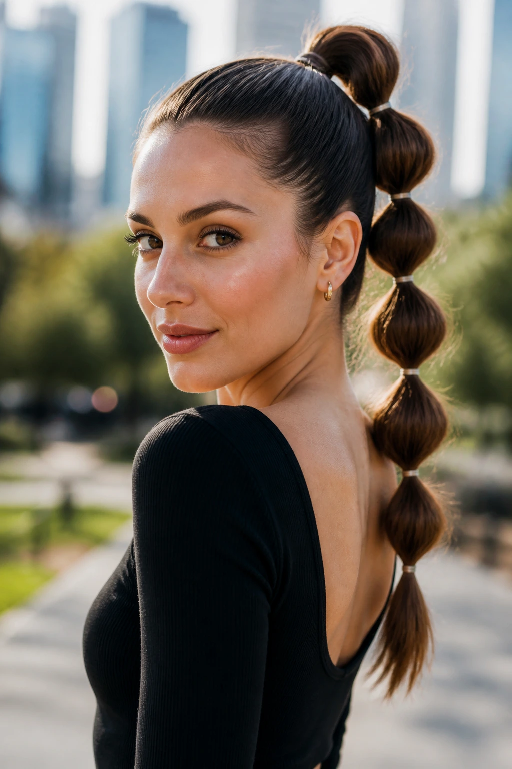 Close-up of a real woman with a bubble ponytail in daylight in an urban park
