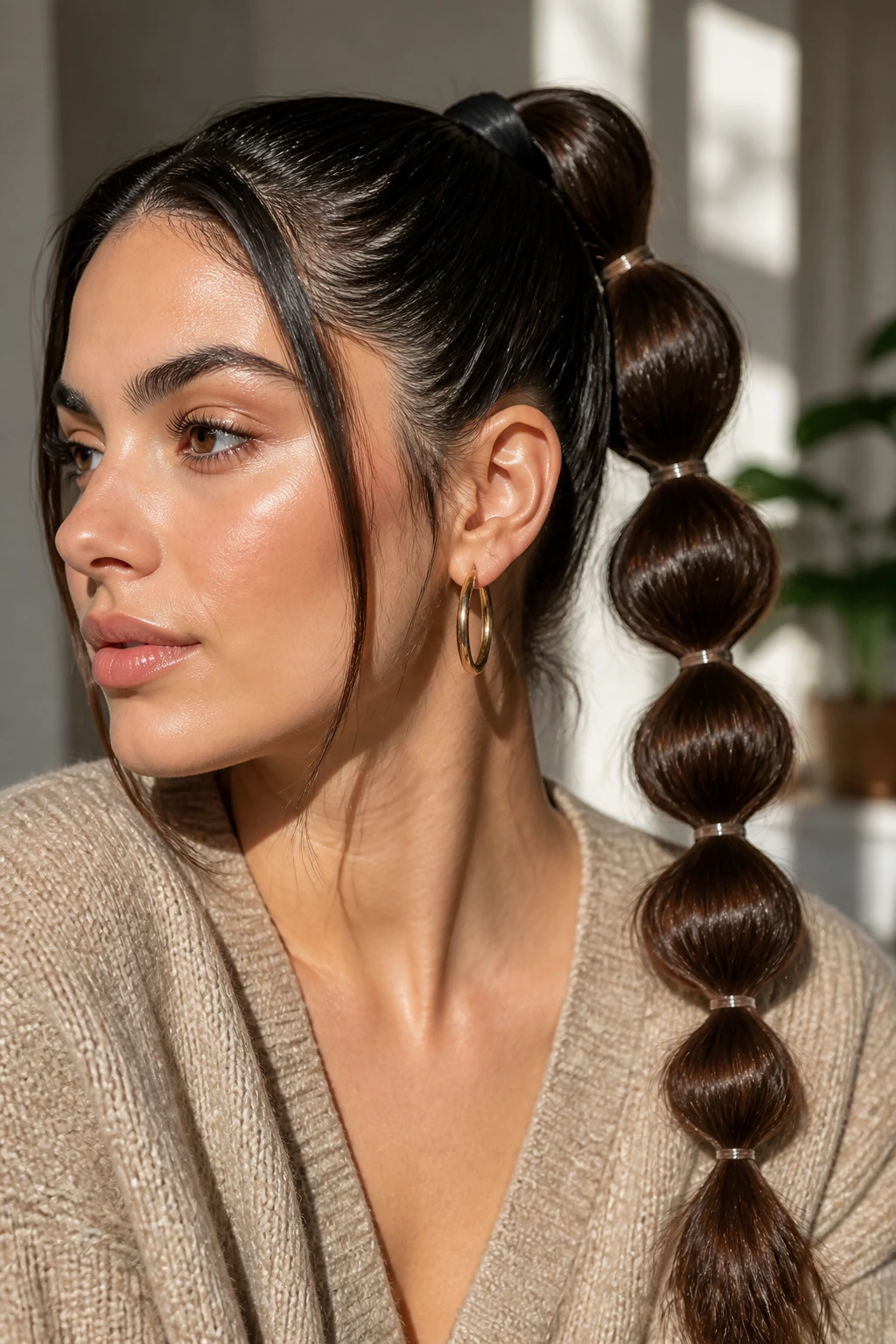 Portrait of a real woman with a bubble ponytail hairstyle