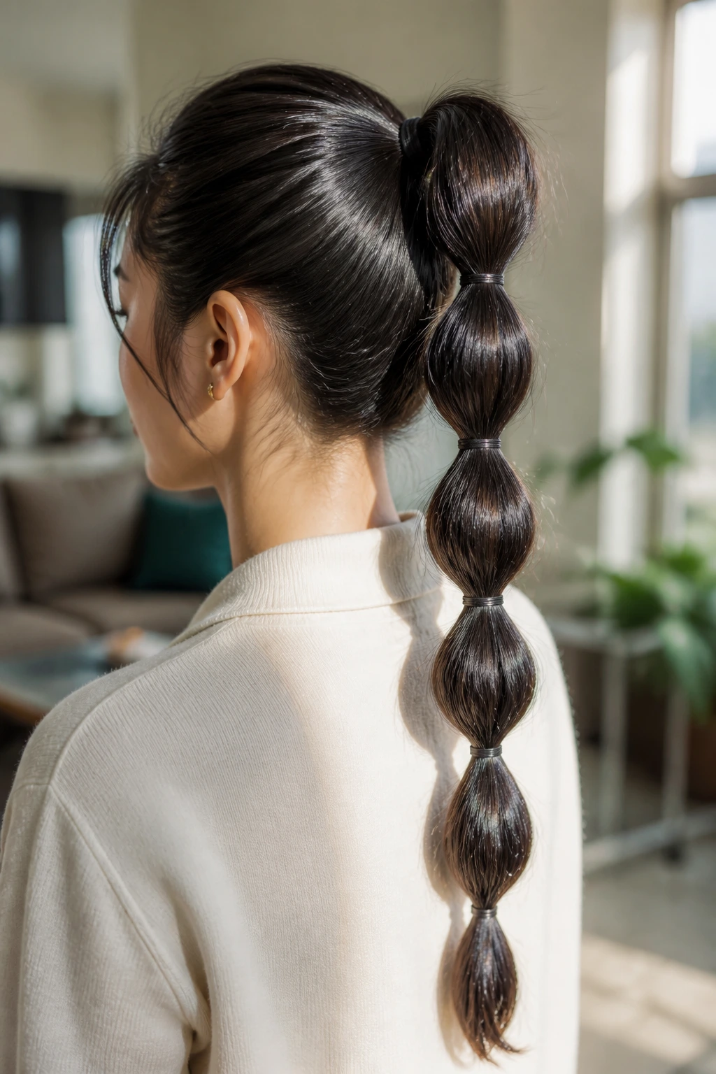 Back view of real person with a high bubble ponytail showing bubble sections