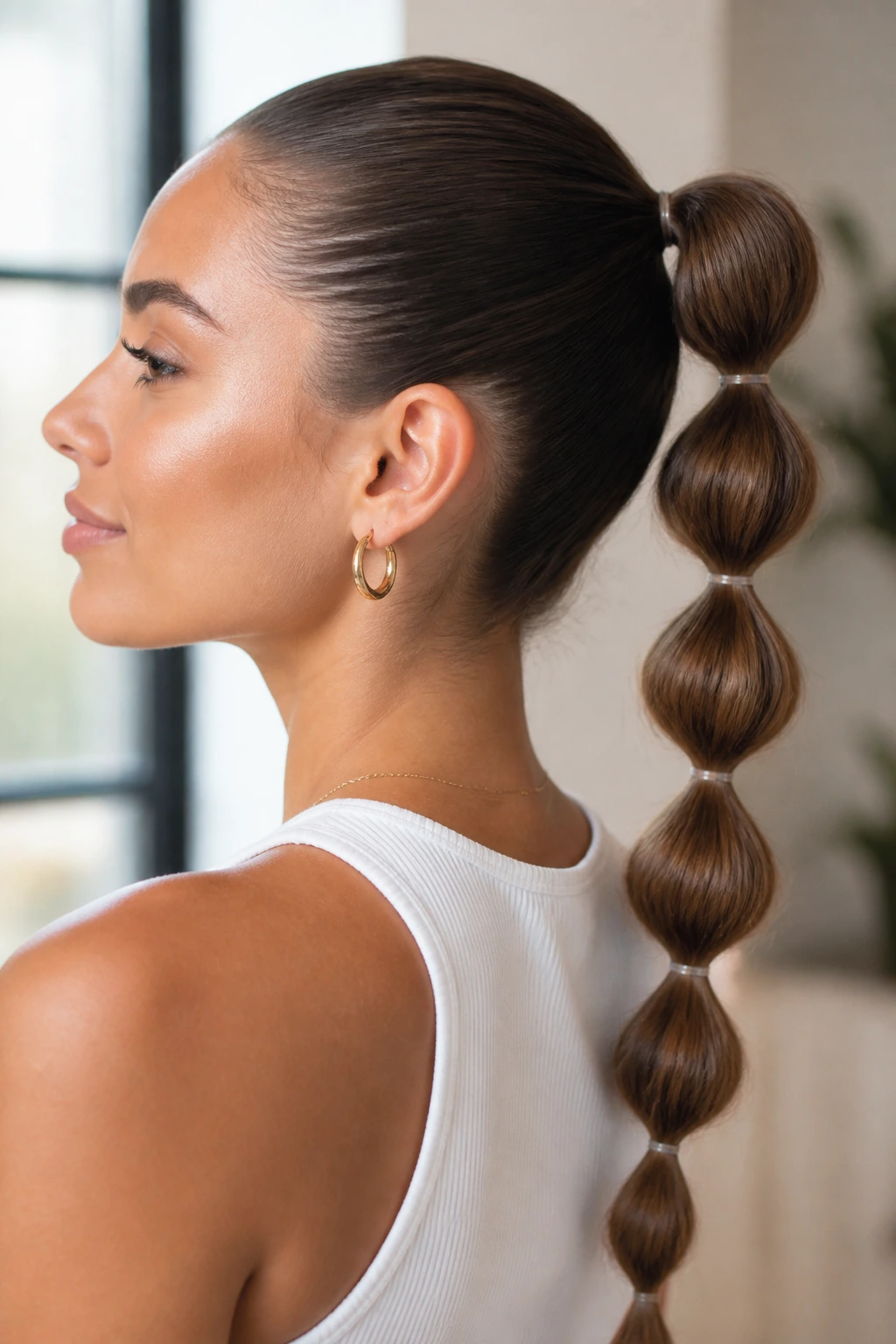 Real person with a sleek high bubble ponytail