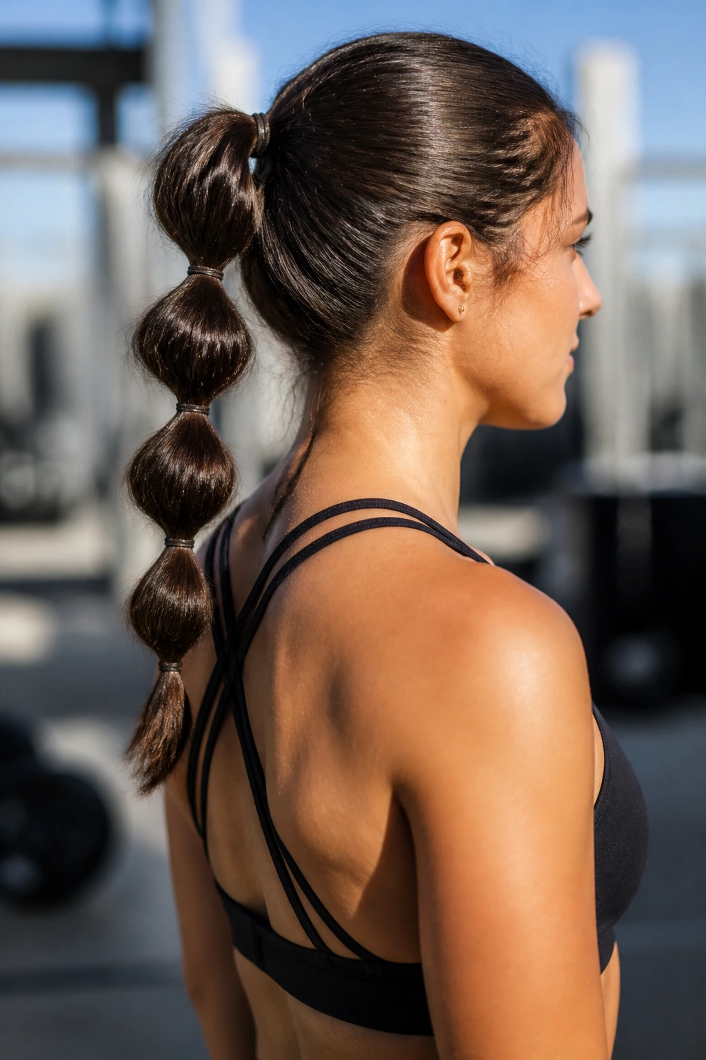 Close-up of a woman with a bubble ponytail during movement