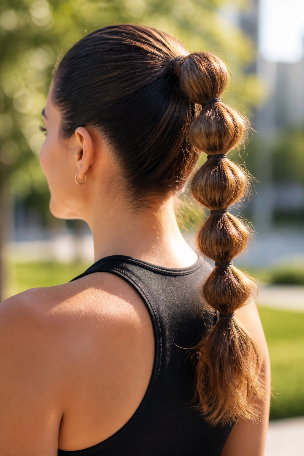 Back view of a real woman with a bubble ponytail outdoors