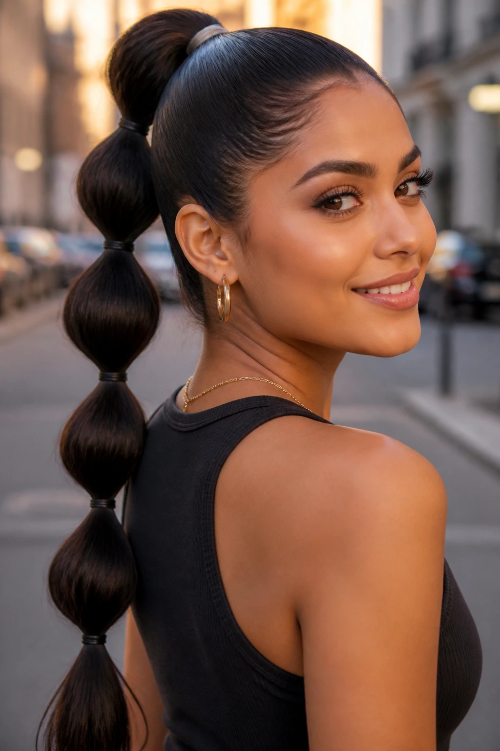 Close-up portrait of a real woman with a bubble ponytail on a city street at golden hour