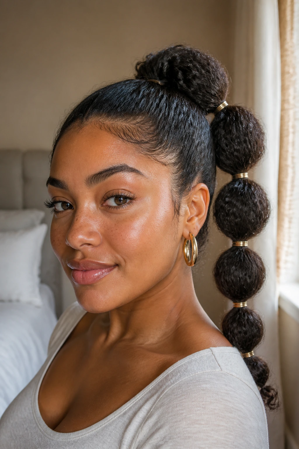 Close-up of a woman with a multi-elastic bubble ponytail in natural window light