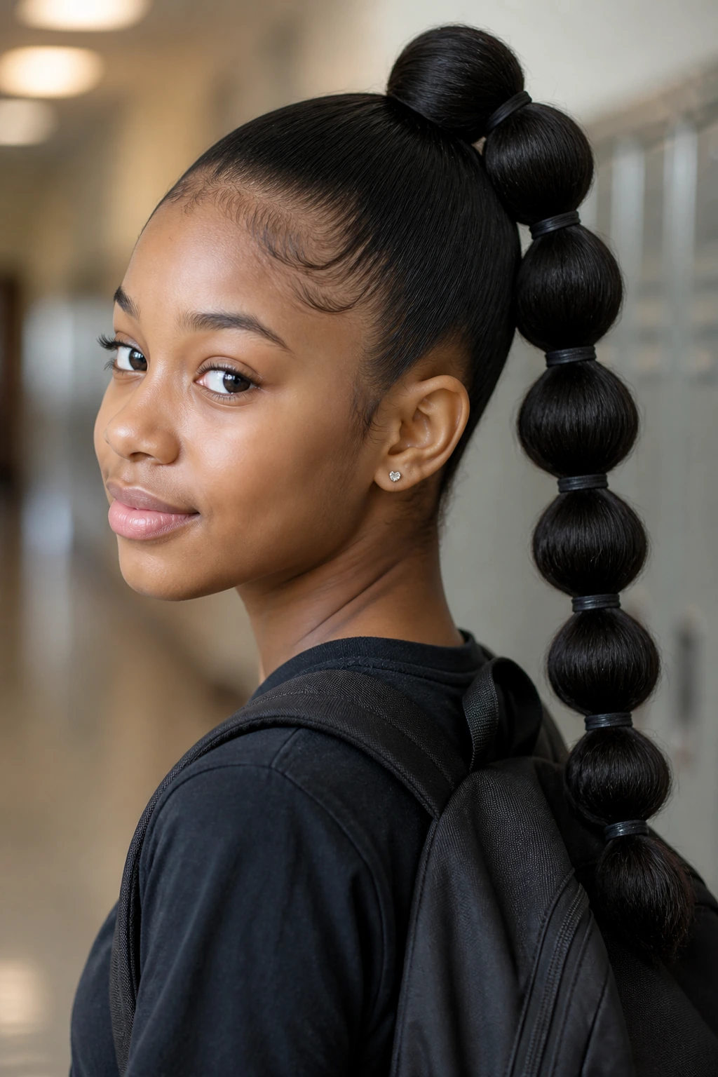 Close-up of a real person with a bubble ponytail in a school hallway