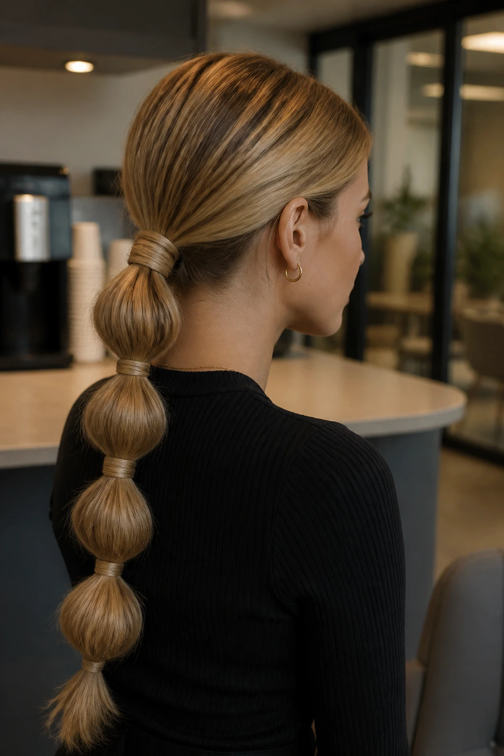 Real person with wrapped bubble ponytail featuring matte texture in an office setting.