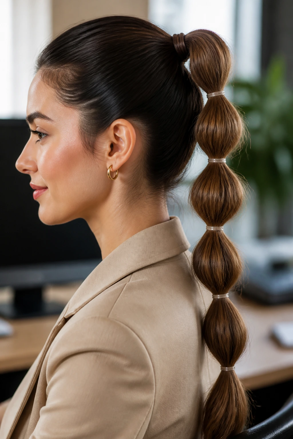 Close-up of a real woman with a bubble ponytail in an office.