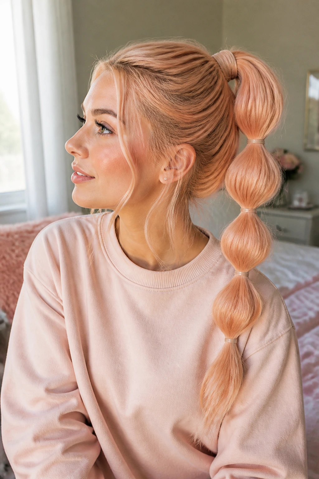 Close-up of real woman with bubble ponytail in soft morning light