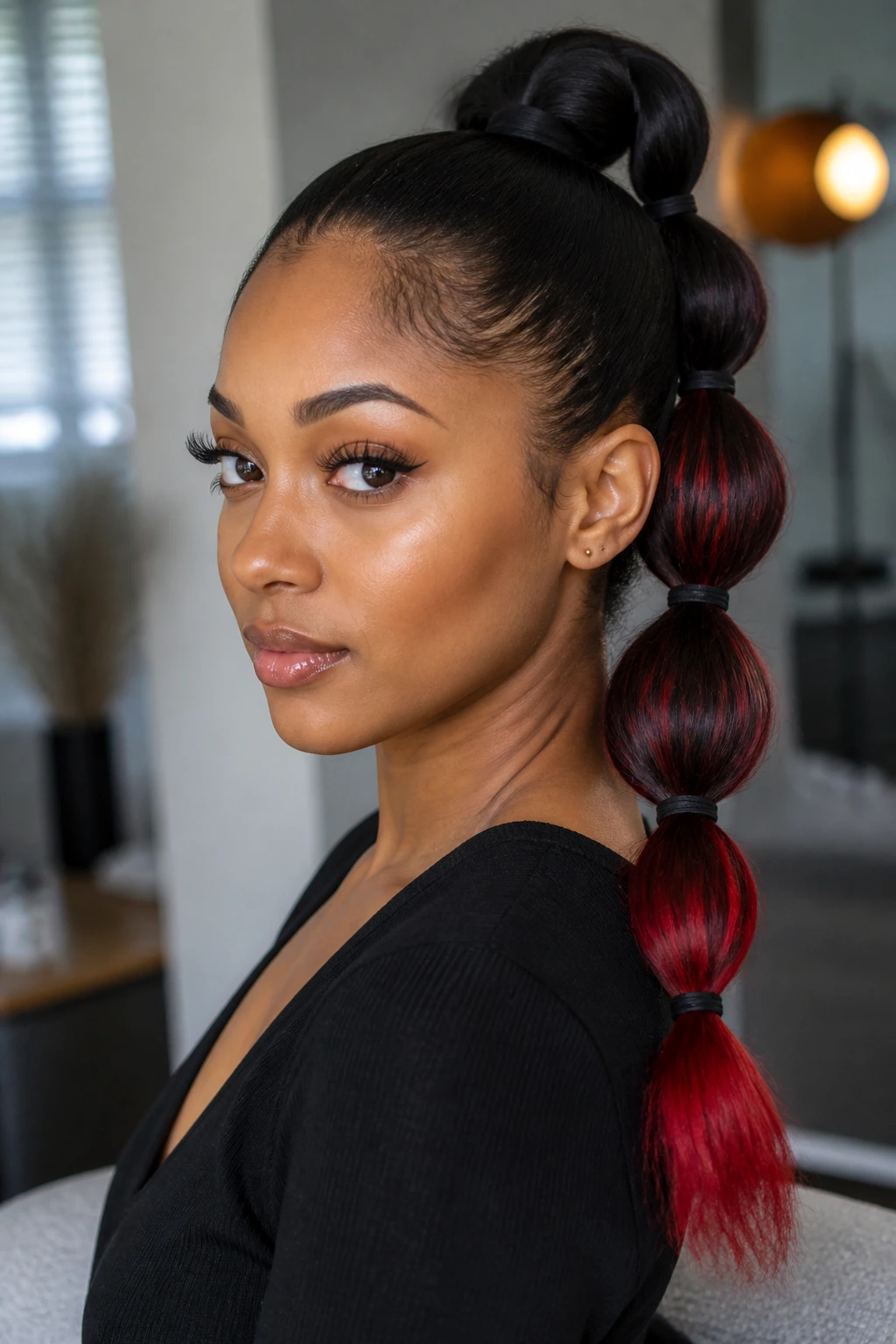 Real woman with a bubble ponytail showing multiple bubble sections and red tips