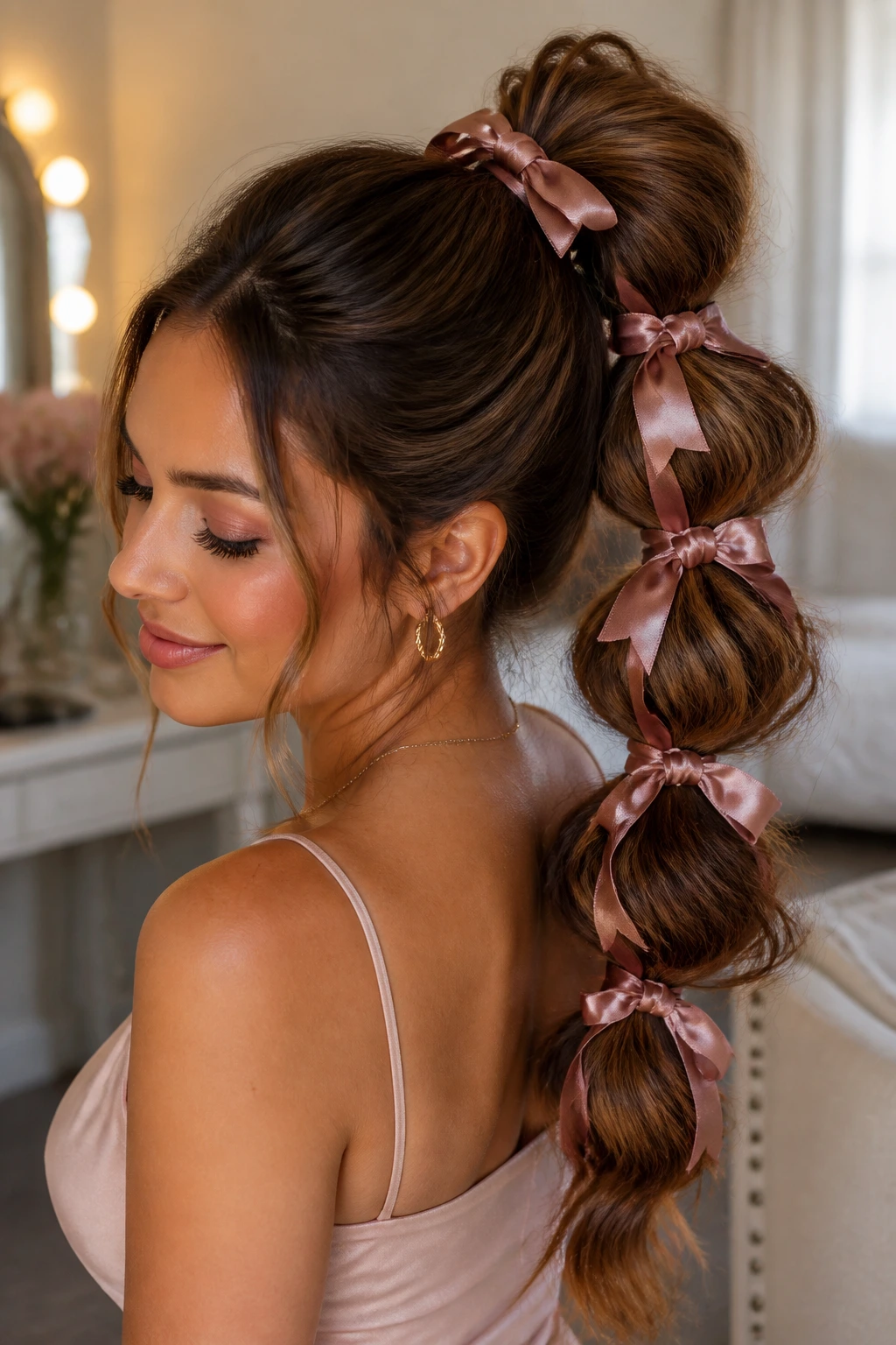 Close-up of a real person with a bubble ponytail and dusty rose satin ribbons.