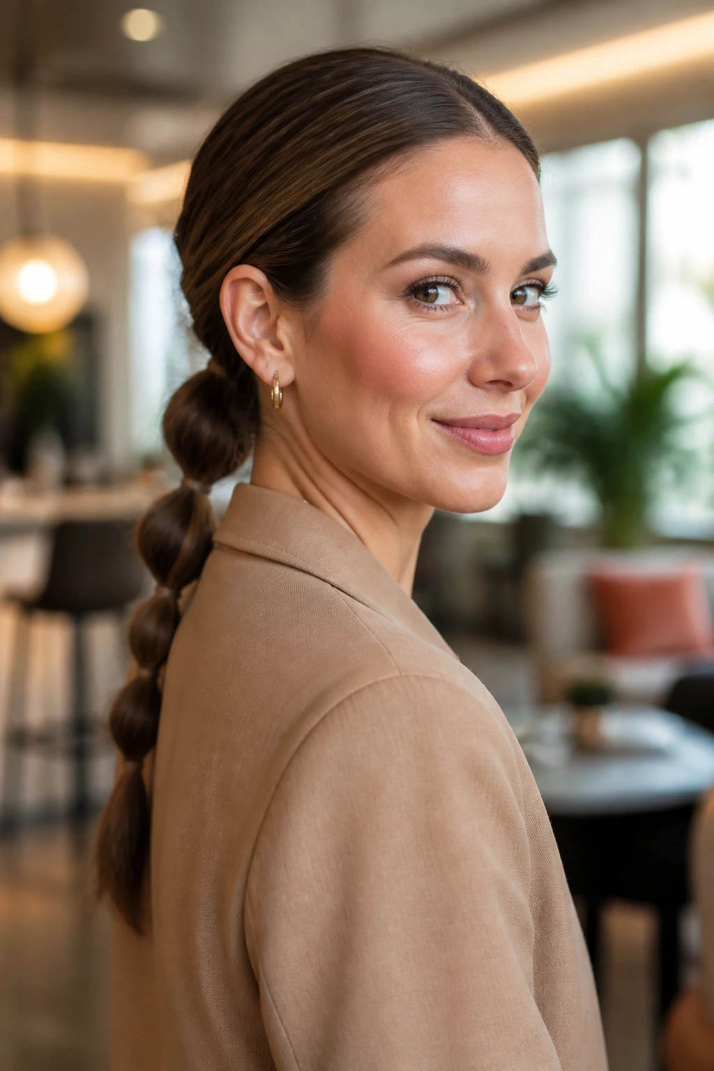 Close-up of a woman with a wrapped bubble ponytail showing spaced bubbles