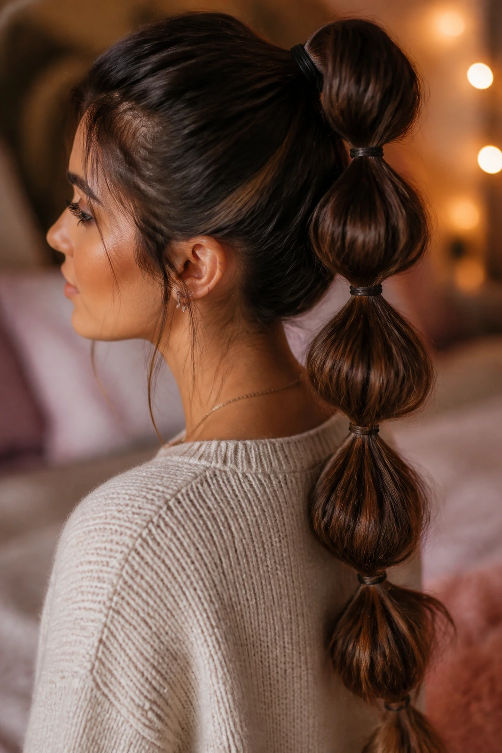 Close-up of a real woman with a bubble ponytail in a cozy room