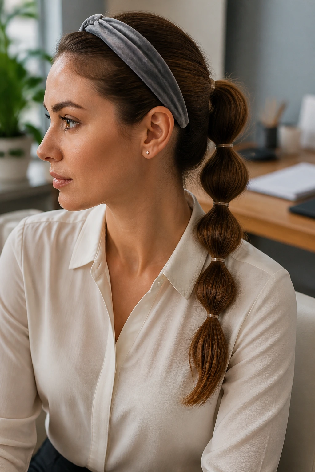 Close-up of a real woman with a bubble ponytail and gray velvet headband in an office