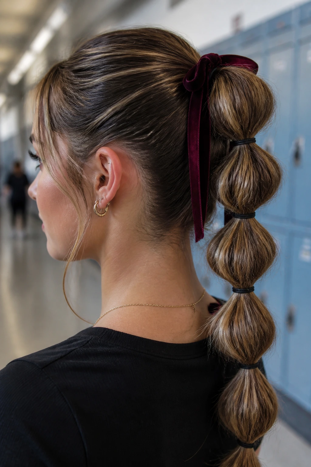 Close-up of a teen's bubble ponytail with velvet ribbon in a school hallway