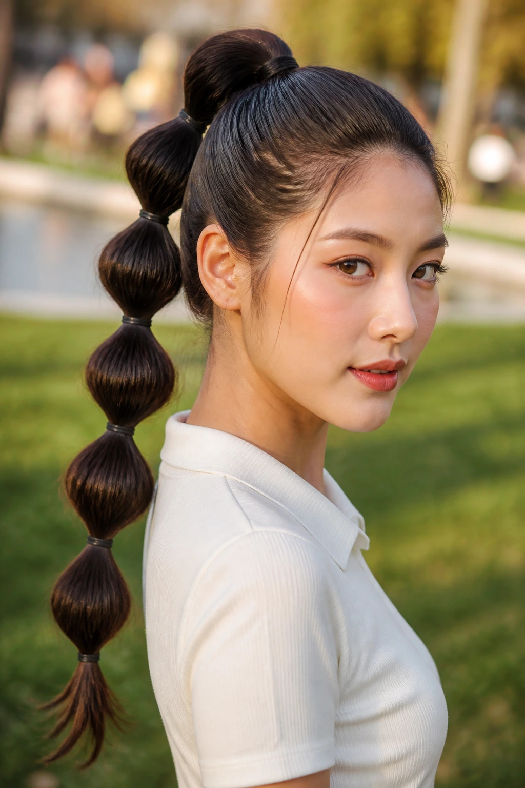 Close-up of a real woman with a bubble ponytail formed by small elastics along the length.