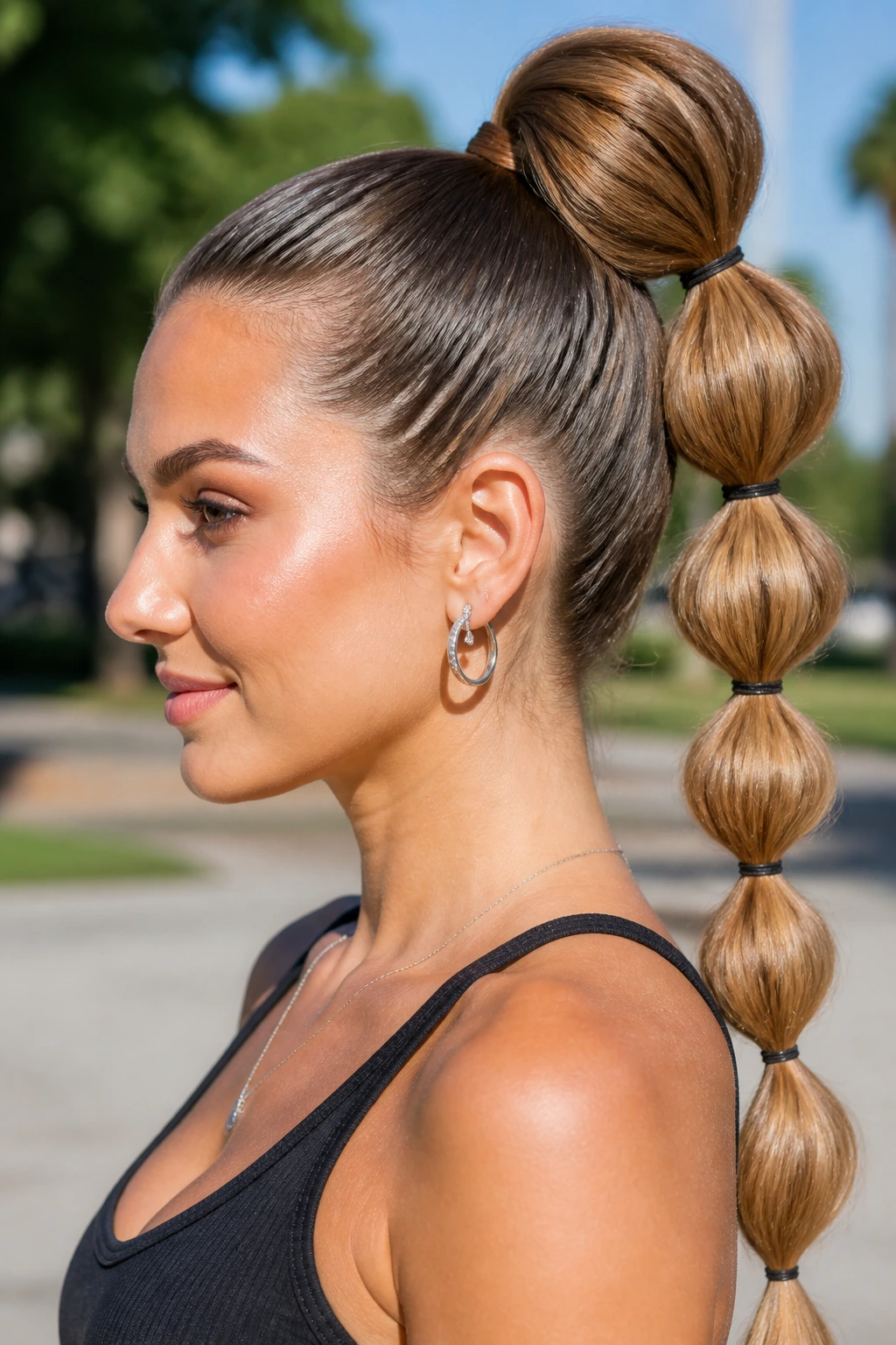 Close-up of a real woman with a high-volume bubble ponytail in bright daylight