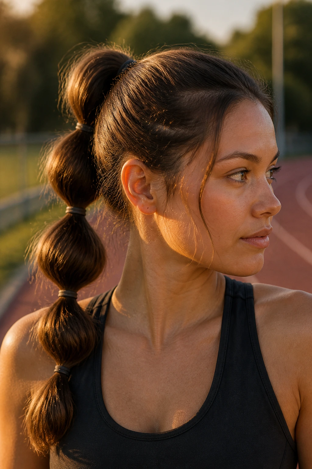 Close-up of a real person with a bubble ponytail formed by elastic bands
