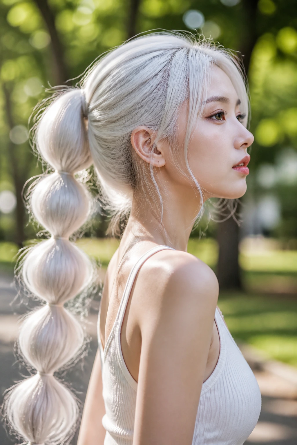 Close-up of a real person with a bubble ponytail in white hair.