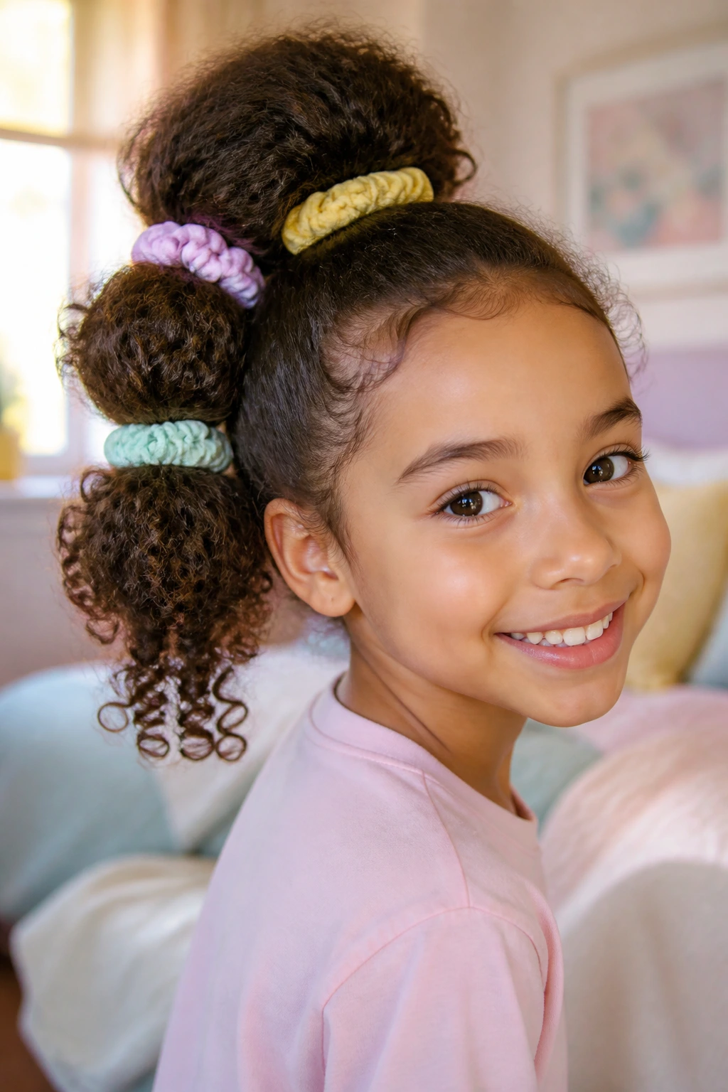 Close-up of real person showing bubble ponytails with pastel scrunchies