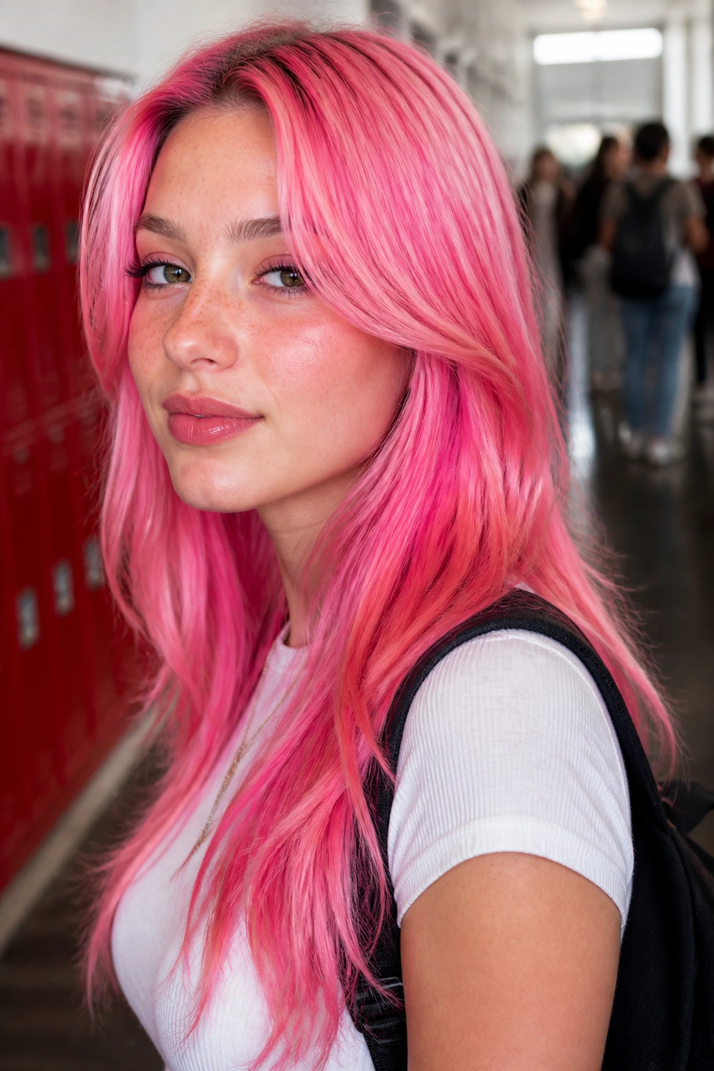 Close-up portrait of a real person with vibrant bubblegum pink hair in a school hallway