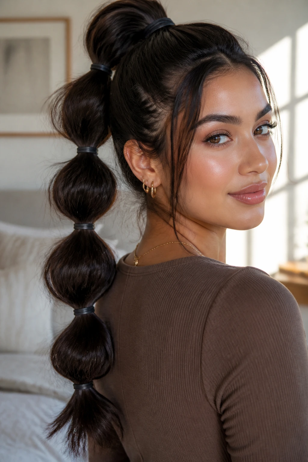 Close-up of a real woman with a high ponytail featuring bubble segments.