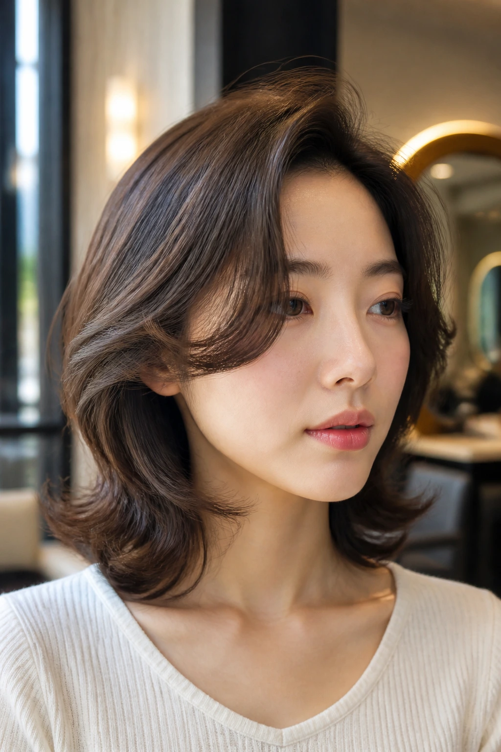 Close-up of a real woman with The Korean Build Perm showing structured curls framing the face.
