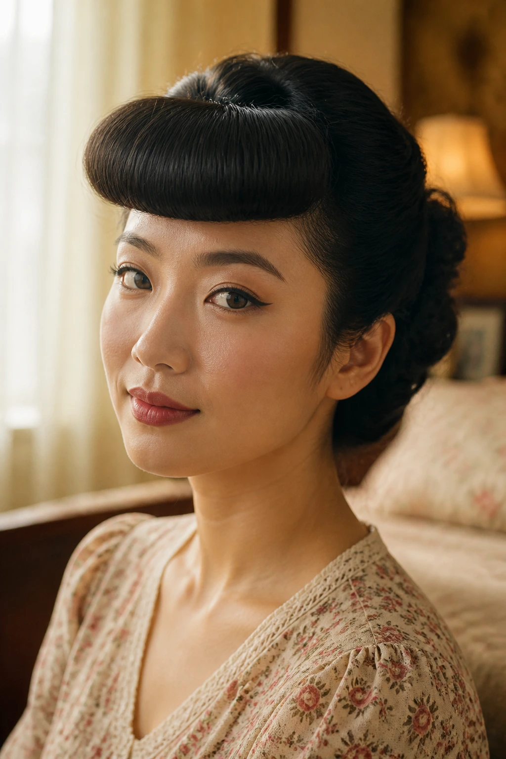 Close-up portrait of a real woman wearing 1940s bumper bangs, warm window light.