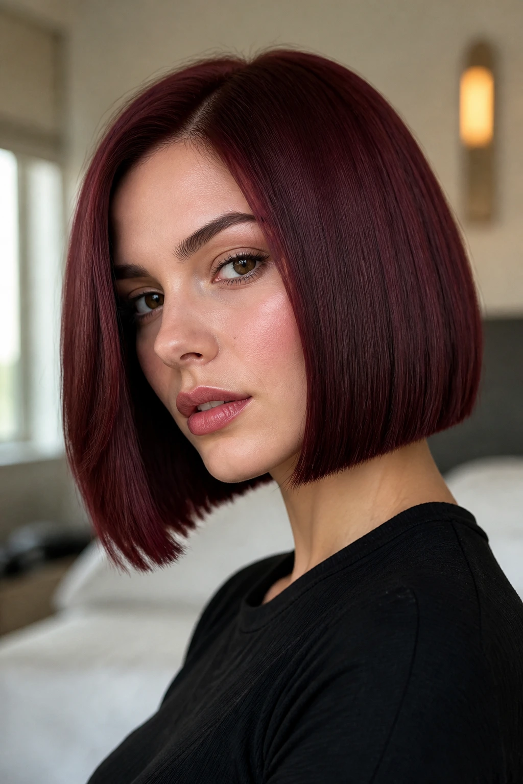 Close-up of a real woman with a sleek burgundy blunt bob.