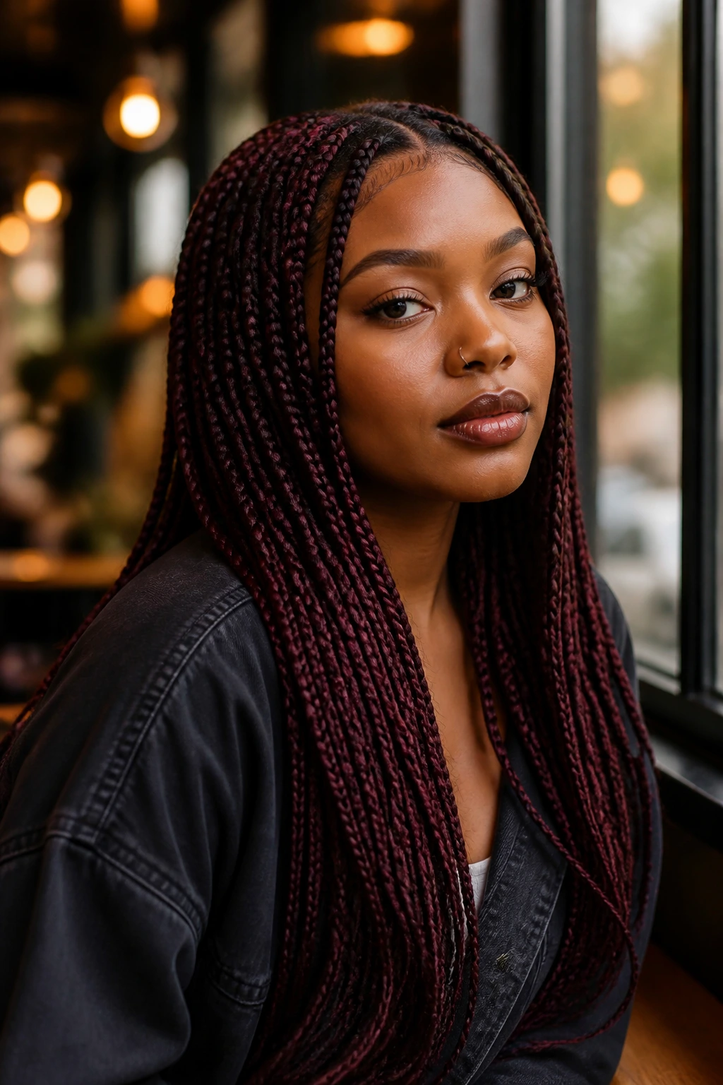 Close-up of a real woman with burgundy box braids in a cafe setting