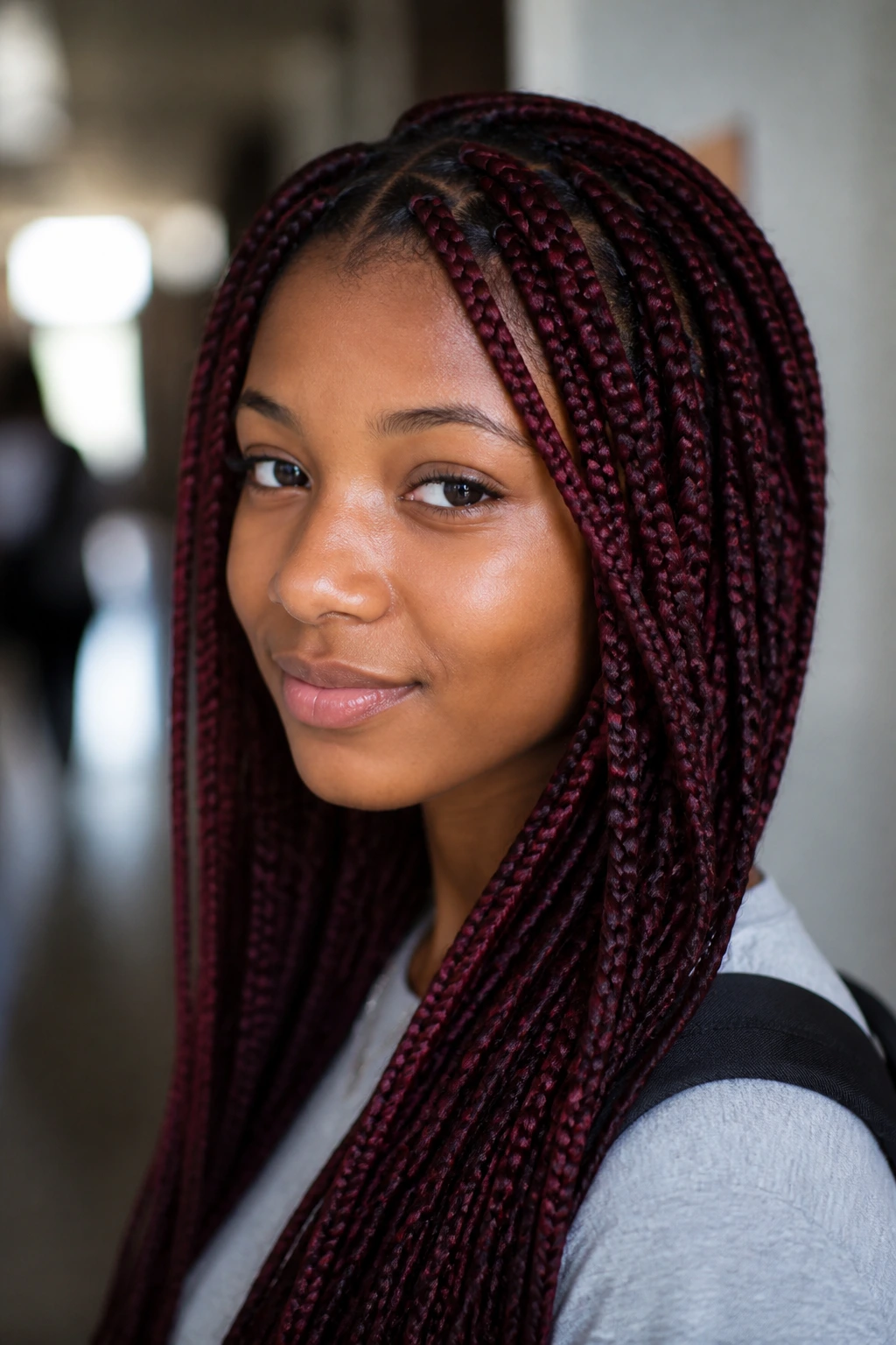 Close-up portrait of a student with deep burgundy box braids in a classroom setting