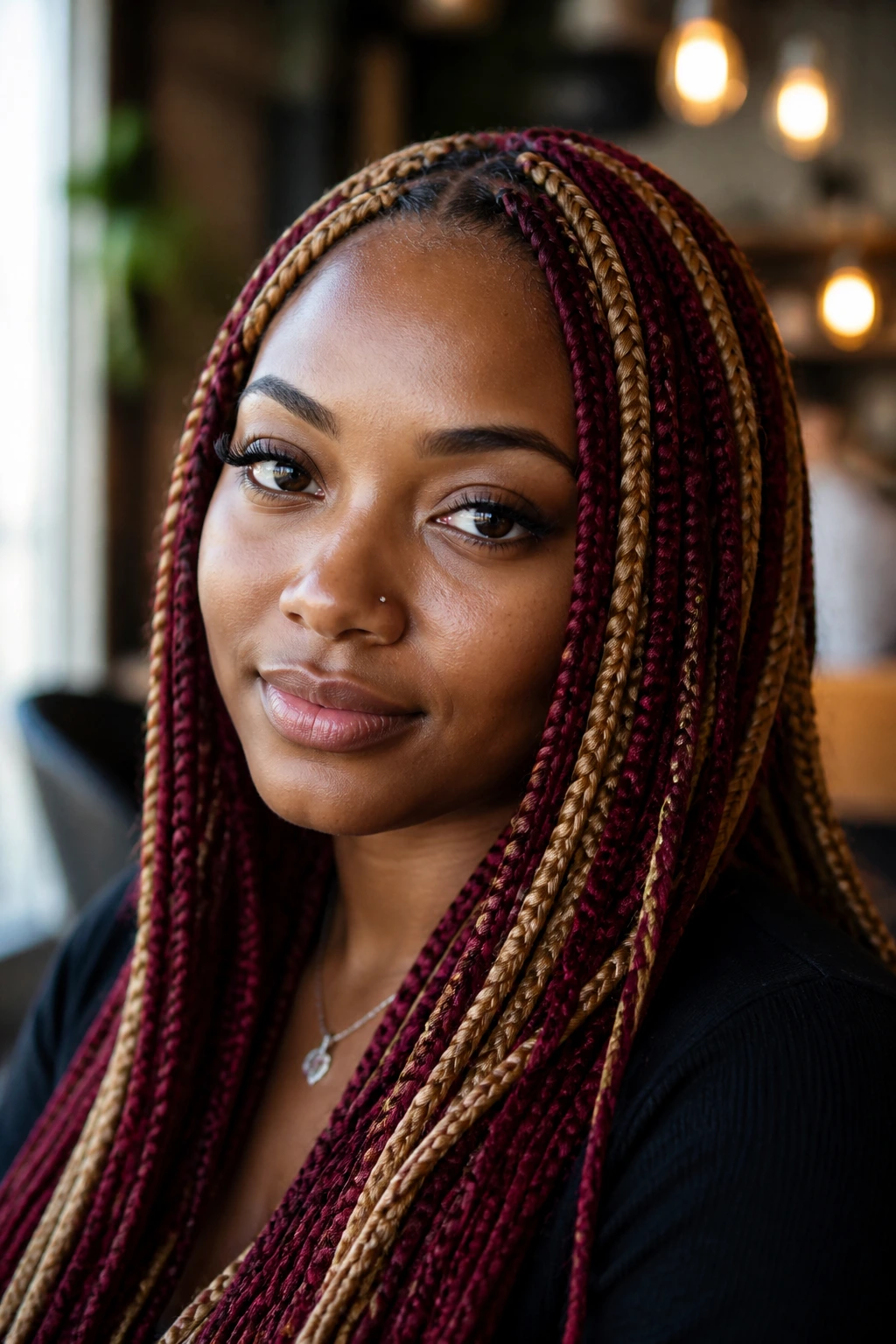 Close-up of burgundy and honey-blonde box braids on a real woman.
