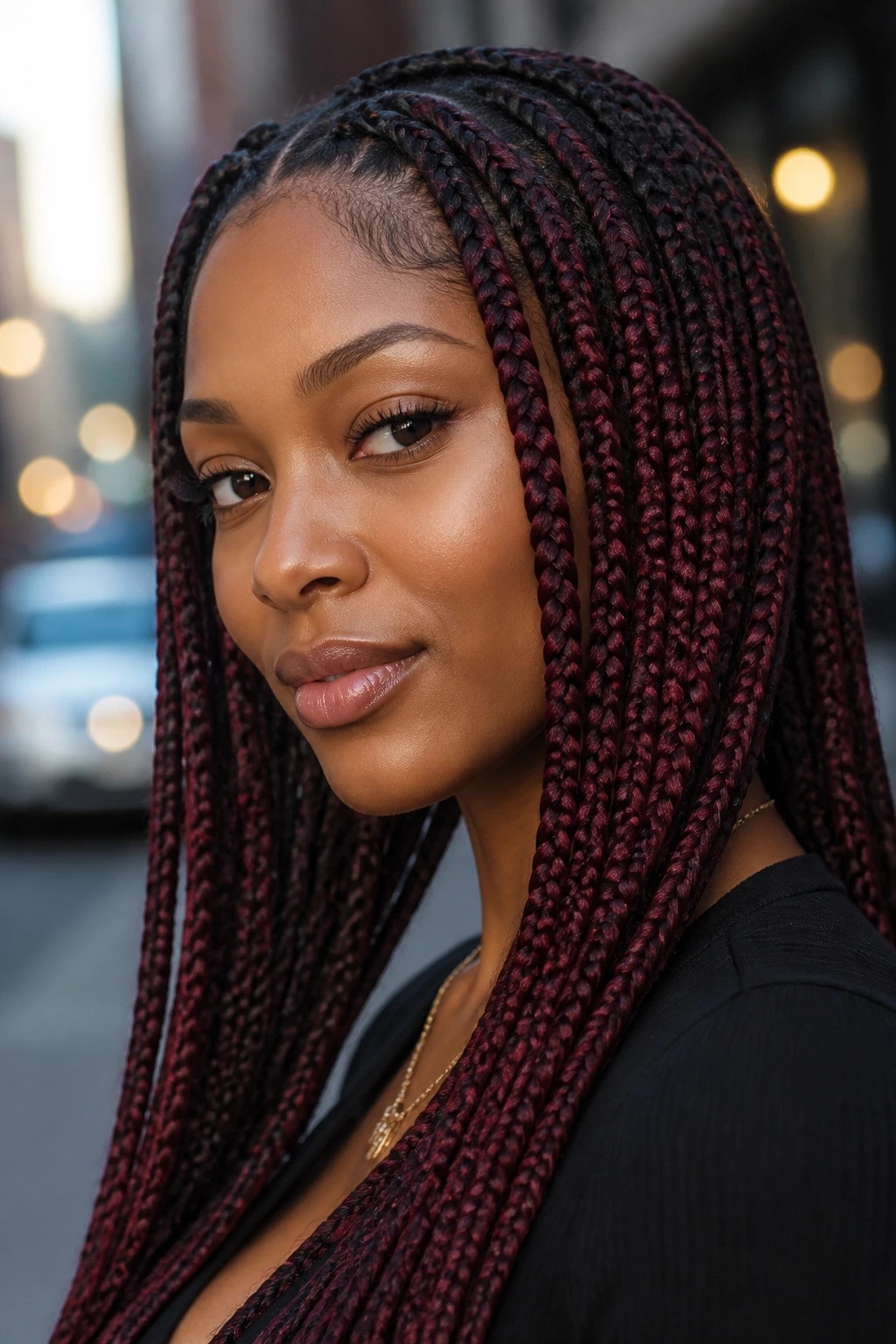 Woman with burgundy braids in an outdoor urban setting