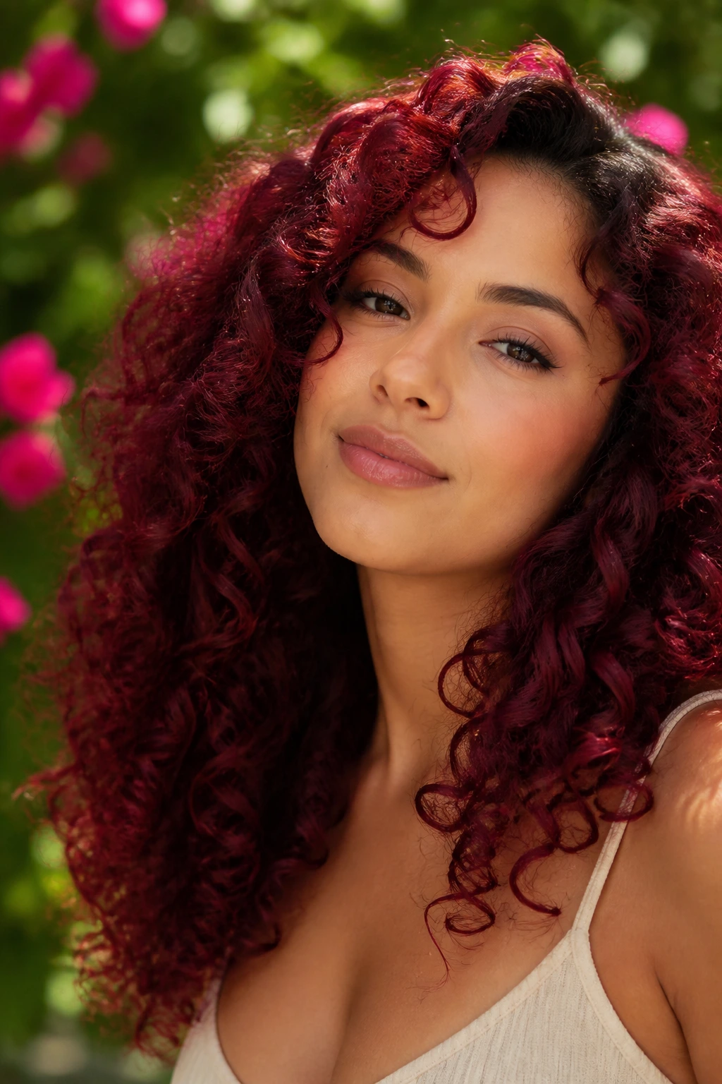 Close-up of a real woman with deep burgundy curls in warm light.