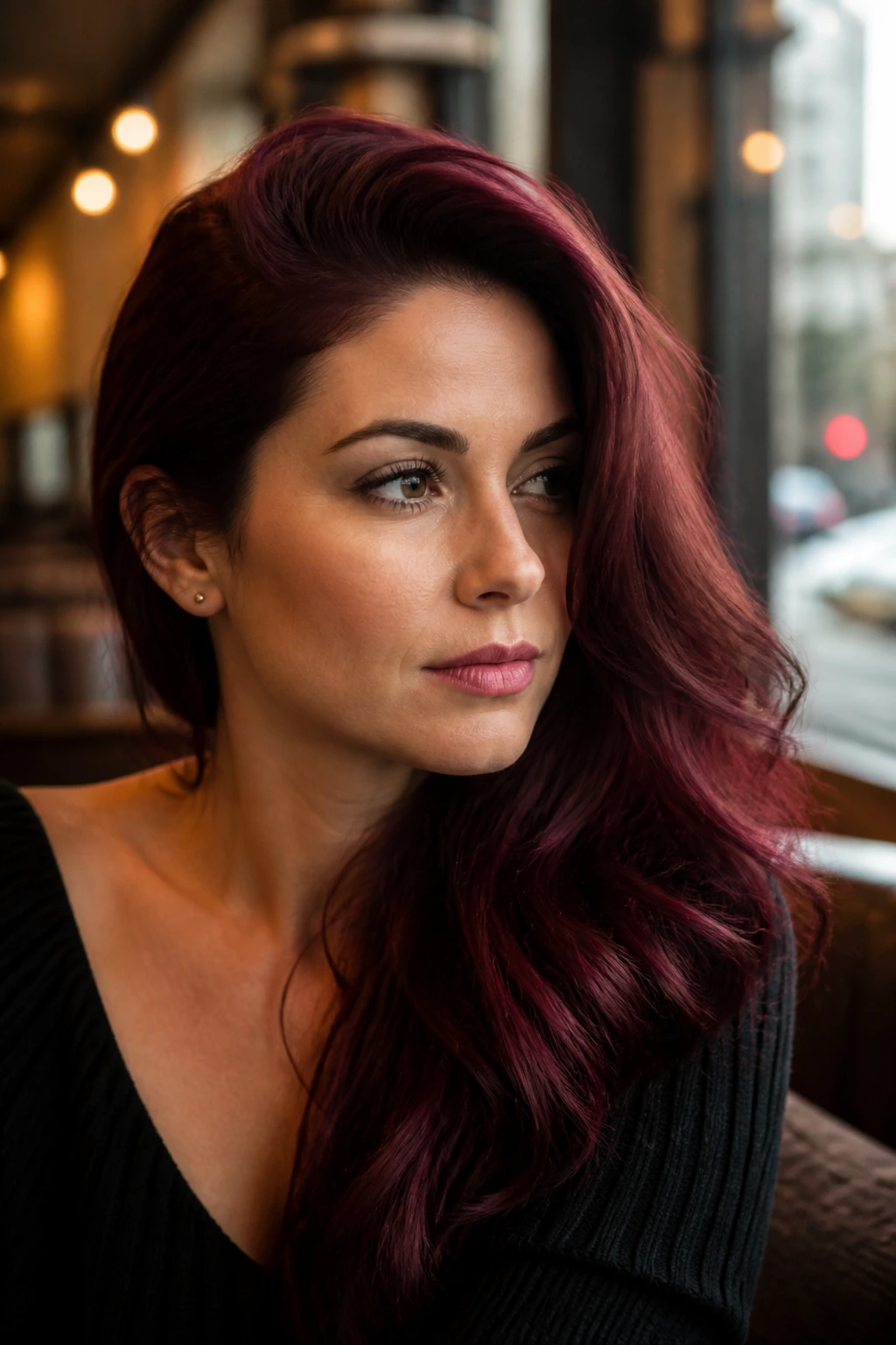 Close-up portrait of a real person with burgundy hair and a deep side part.