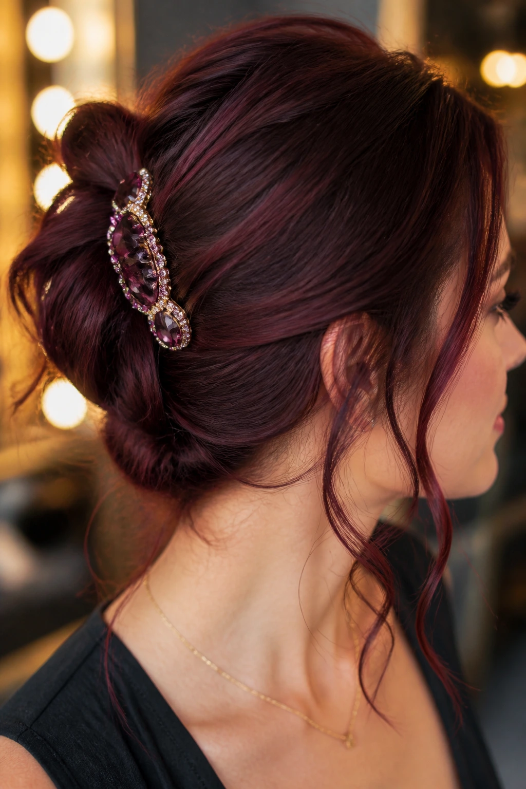 Close-up of burgundy hair with a bold jeweled clip as a statement accessory