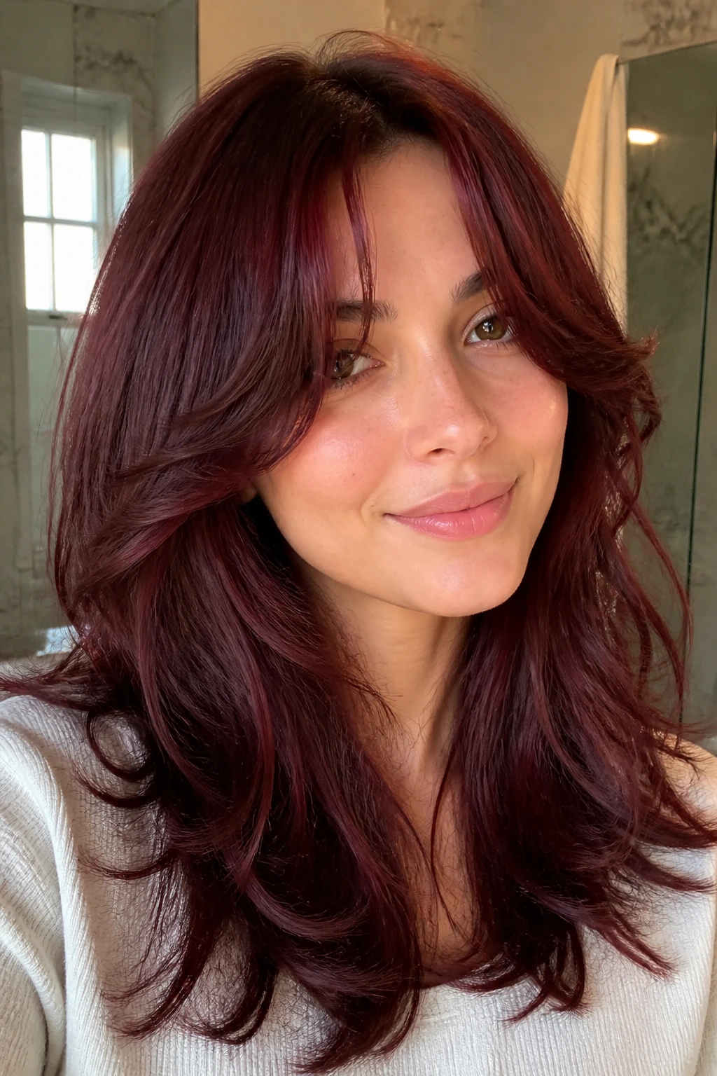 Real woman with burgundy layered hair and curtain bangs in a close-up.