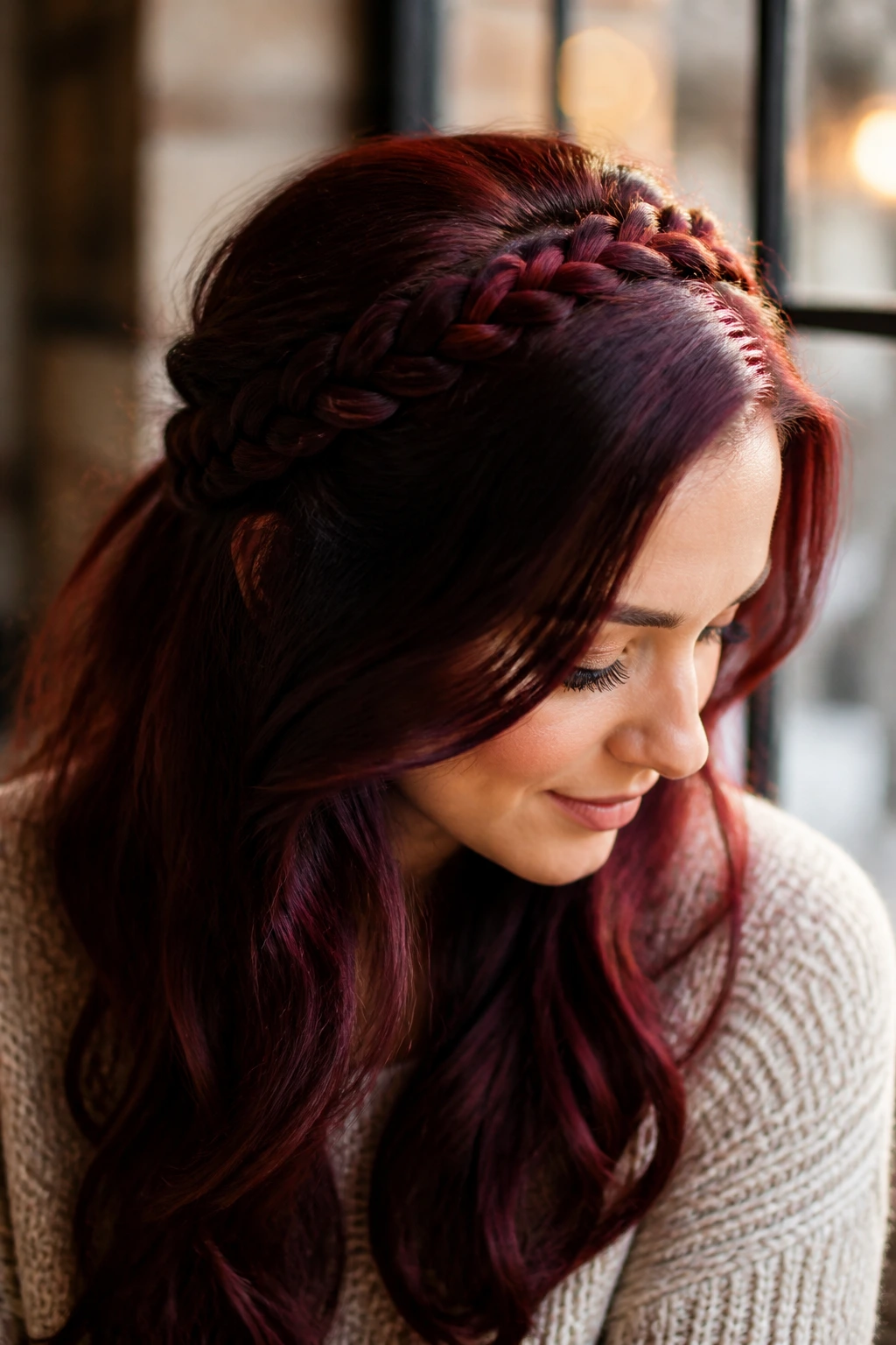 Close-up of real woman with burgundy hair and braided crown headband in a sunlit cafe