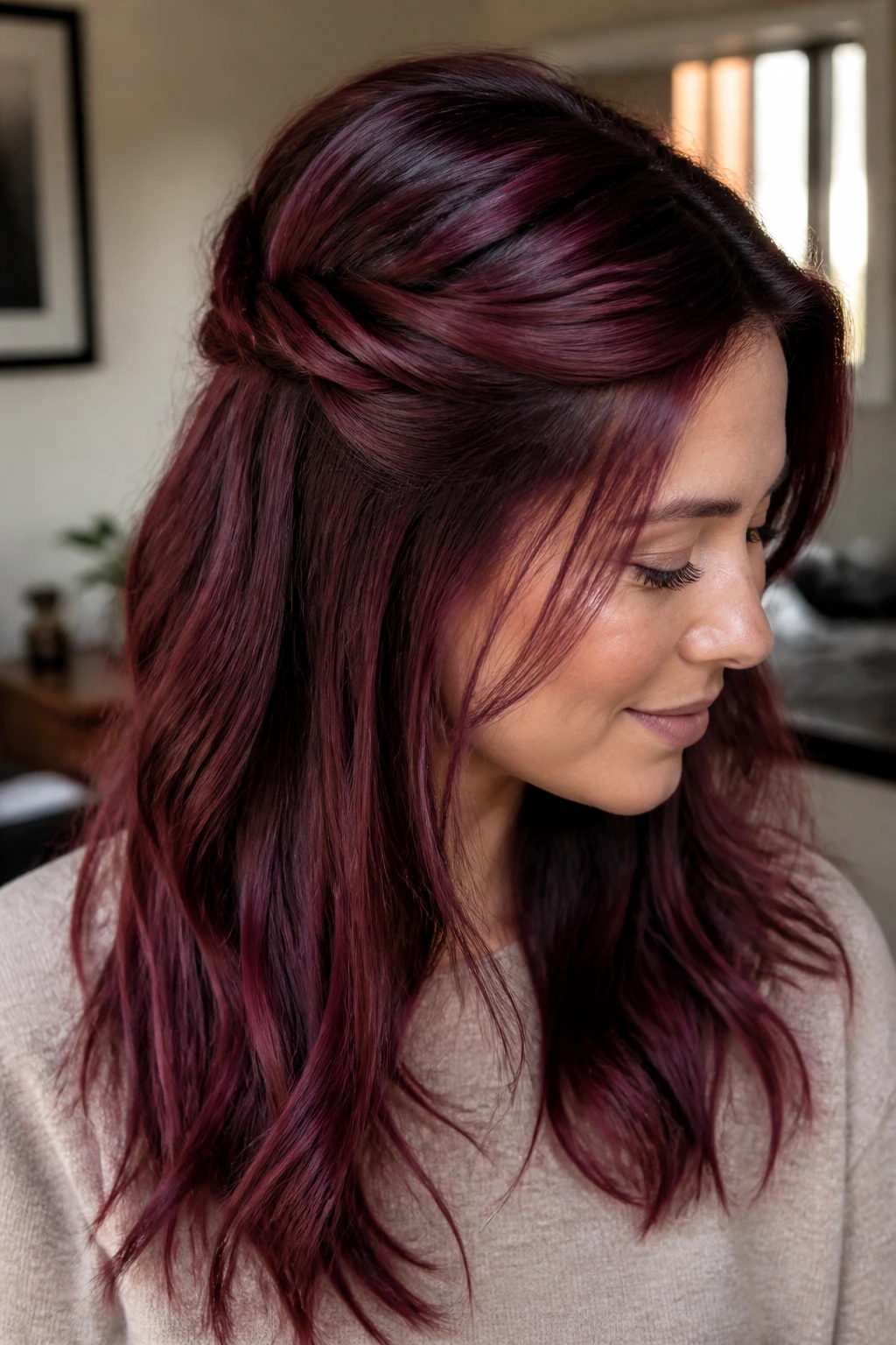 Real woman with a half-up twist and burgundy highlights.