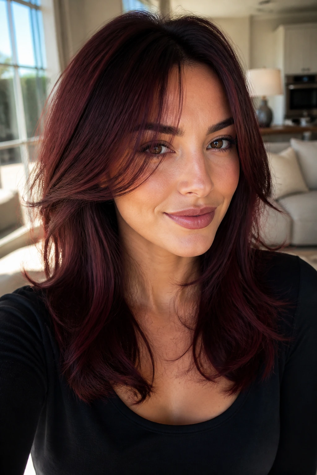 Close-up portrait of a real person with burgundy layered hair and face-framing pieces.